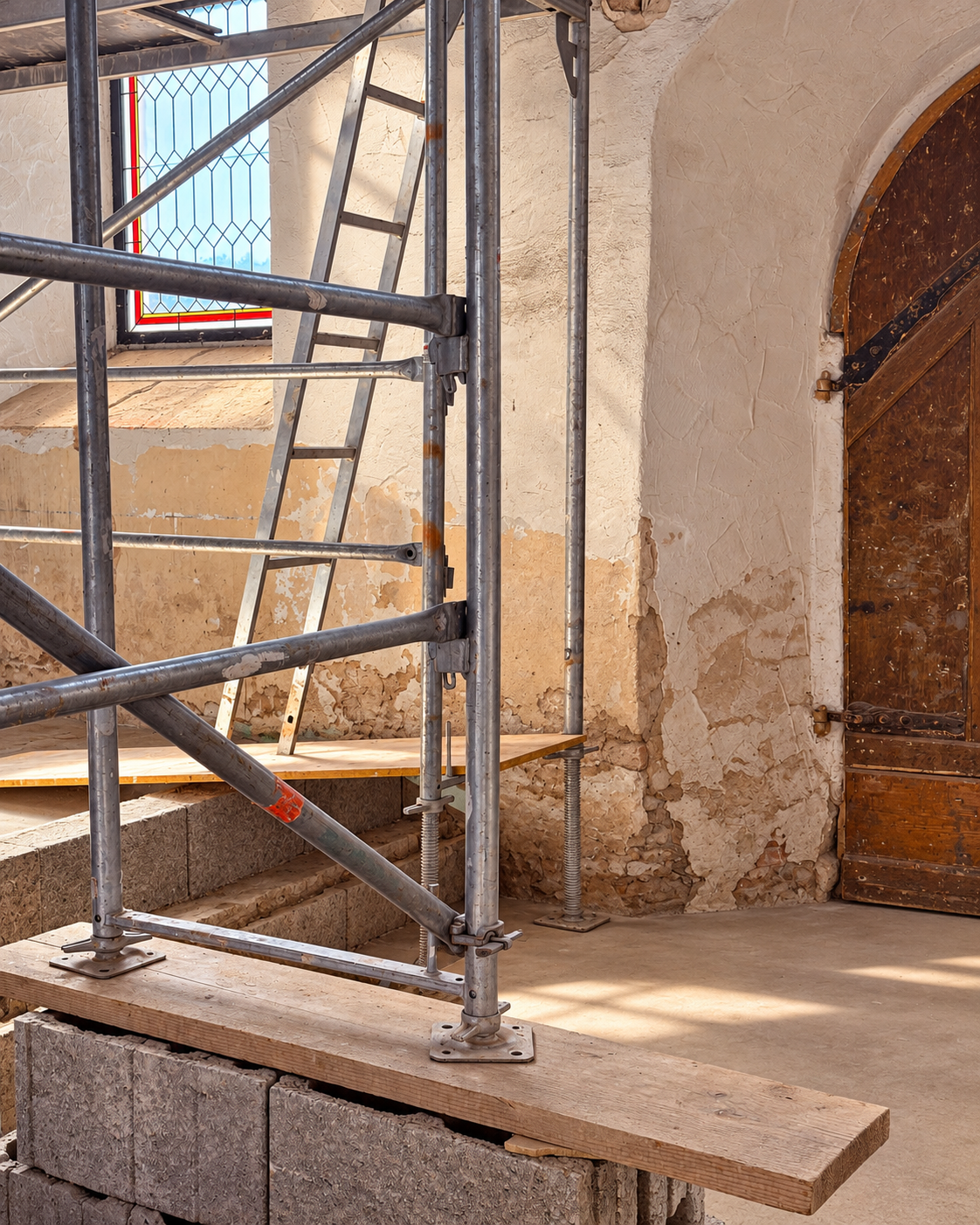 Aufgestelltes Gerüst im Innenraum der Hl. Kreuz Kirche während der Sanierung
