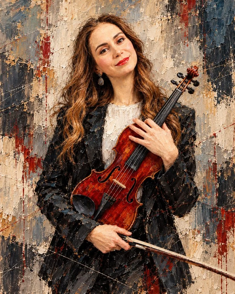 Gemaltes Porträt von Anush Nikogosyan mit langem Haar, die Violine an die Brust gehalten