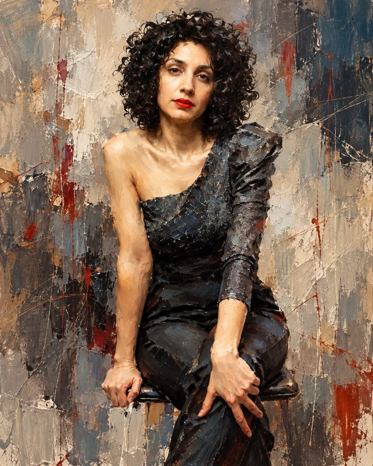 Gemaltes Porträt von Diana Sahakyan mit dunklen Locken in einem schwarzen Kleid, auf einem Hocker sitzend